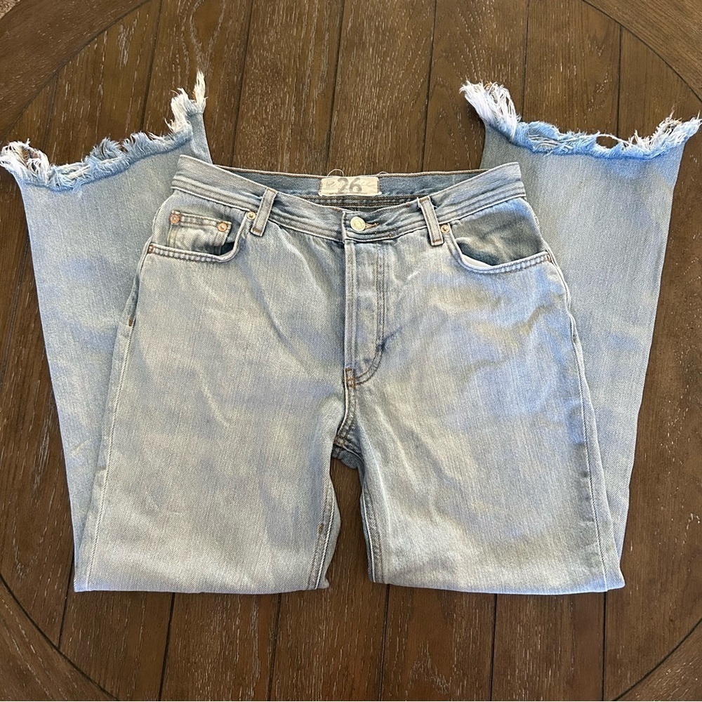 Free People We the Free High Rise Jeans Light Wash Raw Hem Button Fly Size 26